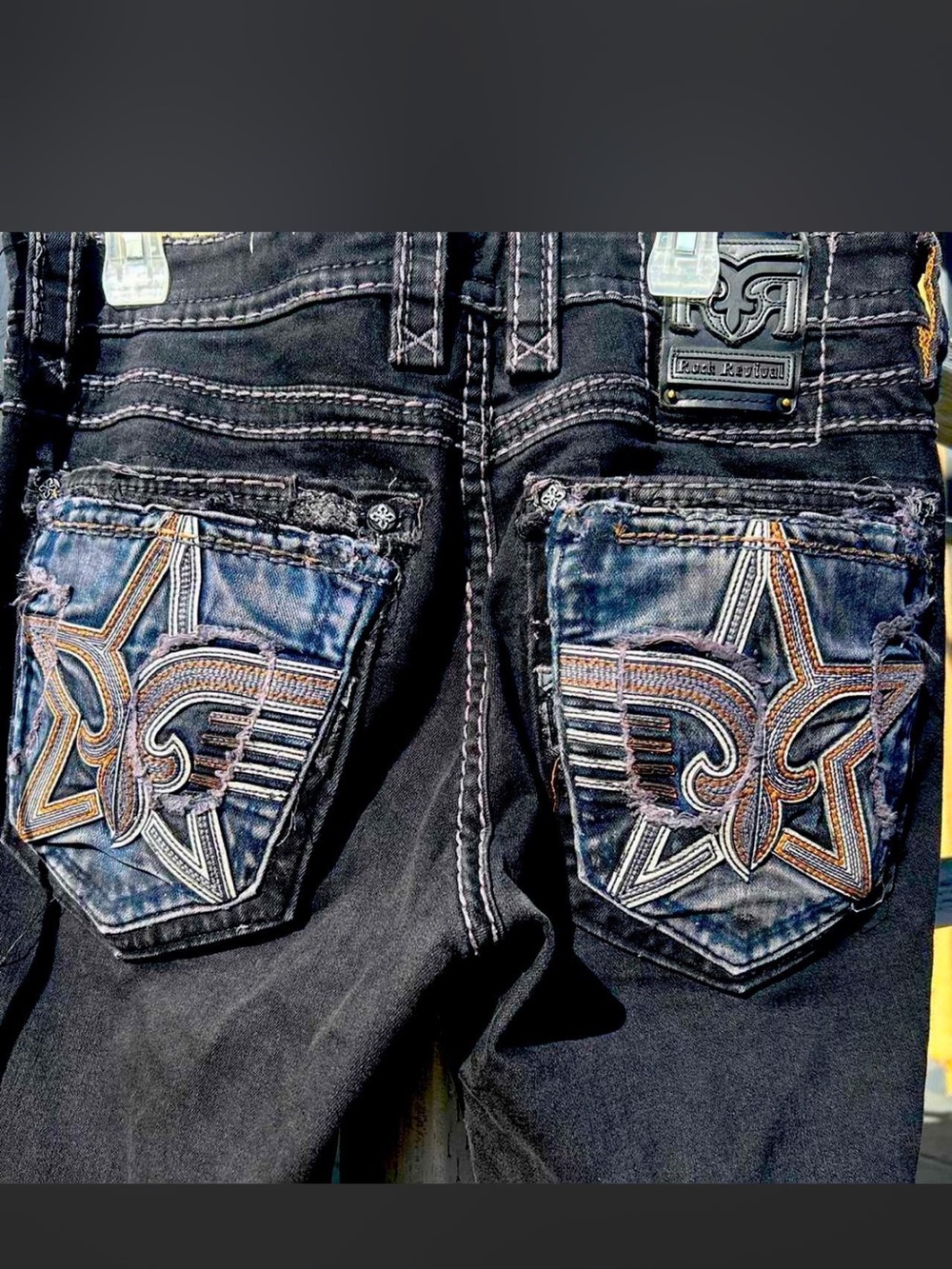 Rock Revival Black Slim Straight Jeans with Embroidered Star Pockets